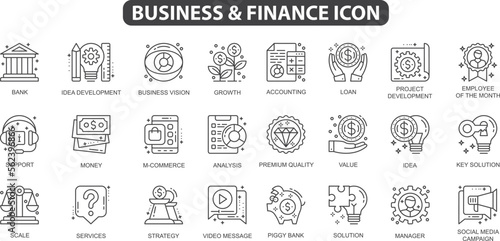 Finance icon cash, saving, financial goal, Containing loan, profit, budget, mutual funds, earning money, and revenue icons. 