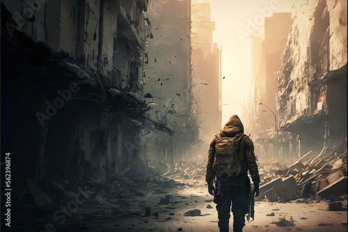 Lone soldier walking in destroyed city.  Apocalyptic landscape. Post-apocalyptic, End of the world. Desrtoyed city. Devastated Ruins of a city. Dramatic sky. Generative AI. photo