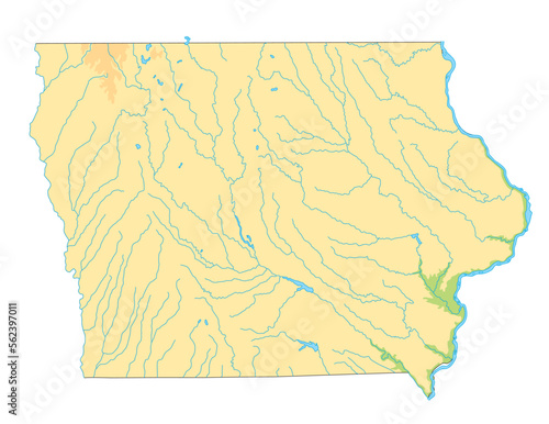 High detailed Iowa physical map.