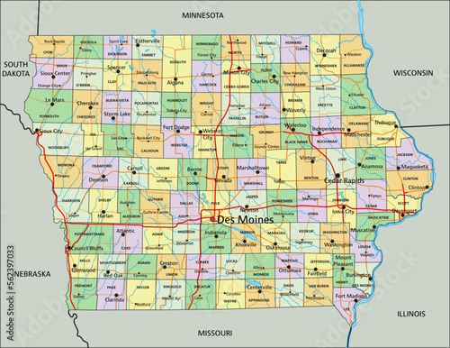 Iowa - Highly detailed editable political map with labeling.