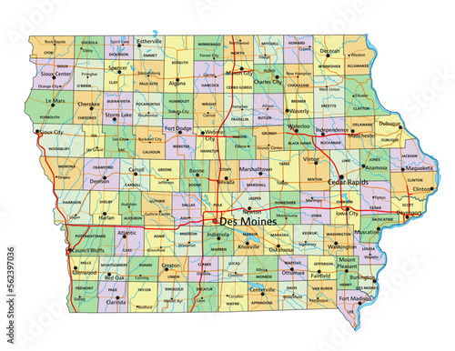 Iowa - Highly detailed editable political map with labeling.