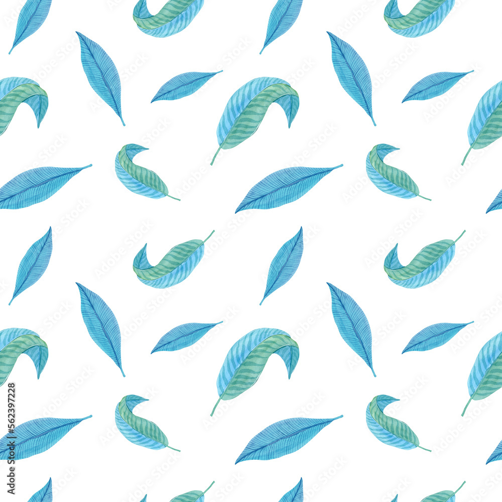 Watercolor blue tropical leaves seamless pattern isolated on white background. Colorful jungle illustration.