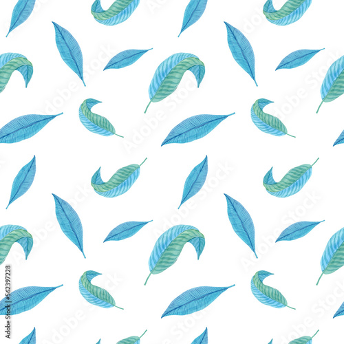 Watercolor blue tropical leaves seamless pattern isolated on white background. Colorful jungle illustration.