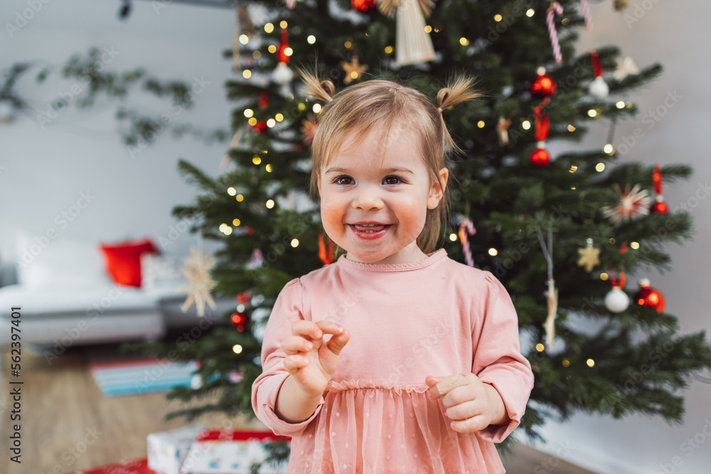 Portrait of cheerful smiling happy baby girl in pink dress on Christmas day Portrait of cheerful smiling happy baby girl in pink dress on Christmas day