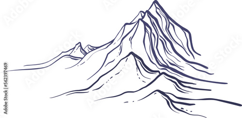 Mountain peaks, sketch. Vector illustration in engraving style. 
Hand drawn background. Graphic landscape. Extreme sport, hiking, rock climbing