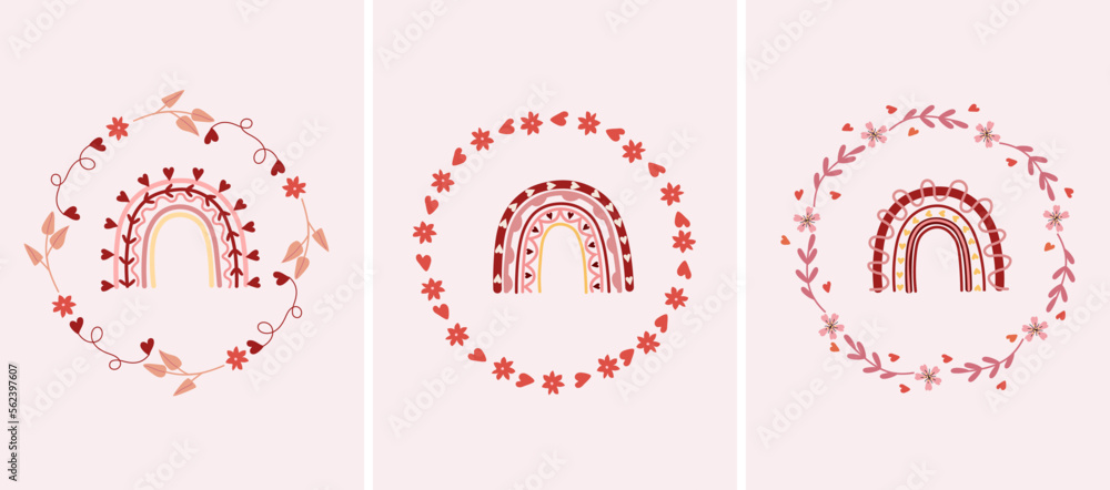 Beautiful compositions with flower wreaths and bright rainbows in the middle. Bright illustrations for greeting cards, posters, banners, invitations to weddings, birthdays, etc. Vector.