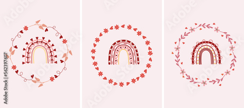 Beautiful compositions with flower wreaths and bright rainbows in the middle. Bright illustrations for greeting cards, posters, banners, invitations to weddings, birthdays, etc. Vector.