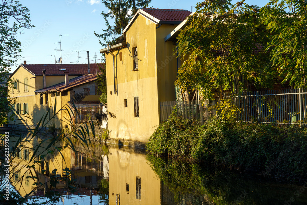 Old buildings along the Martesana canal at Milan