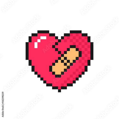 Heart with plaster icon in pixel art style. Love symbol for Valentine's Day. Isolated on white background vector sign