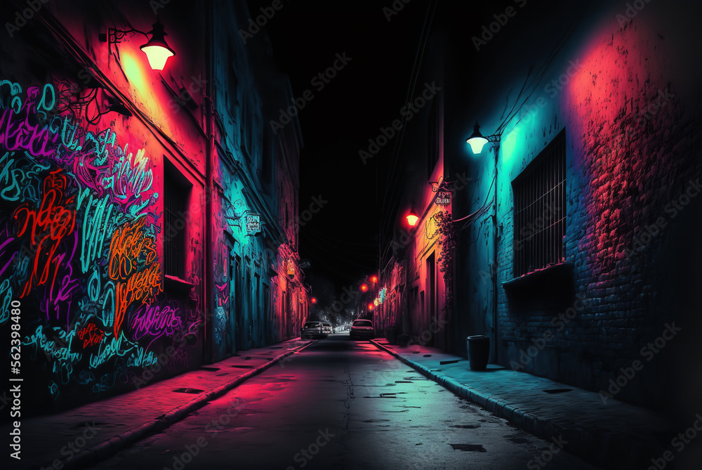 Street by night with colorful graffiti on the wall, Generative Ai - obrazy, fototapety, plakaty 