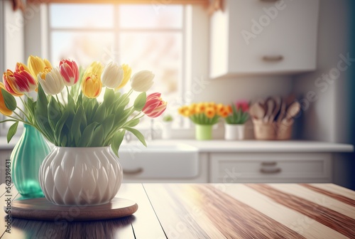 home decor, kitchen room or dining room, close up flower bouquet in vase on wooden table with window view background , idea for background backdrop for house interior work, Generative Ai