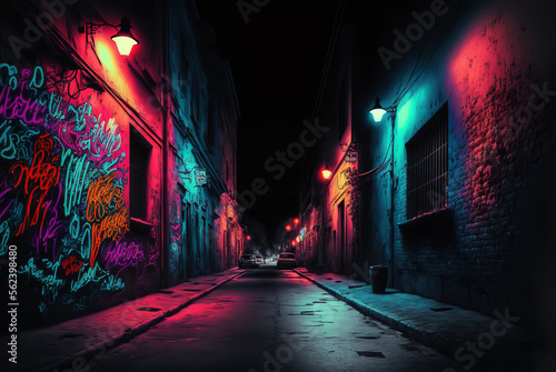 Street by night with colorful graffiti on the wall, Generative Ai