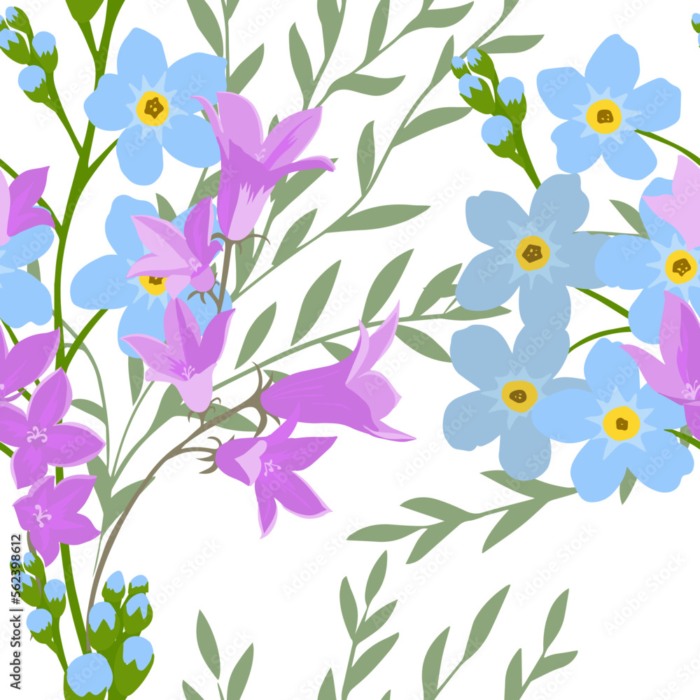 Fototapeta premium Seamless pattern of forget-me-nots and bluebells. Vector illustration