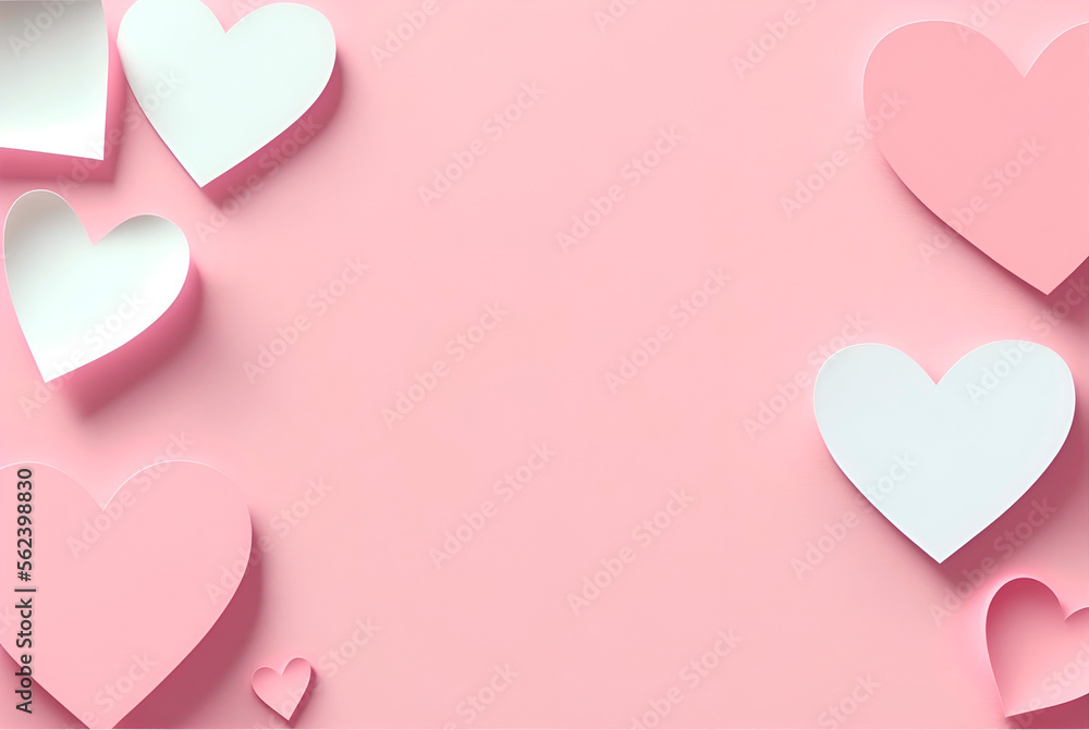 Soft pink paper hearts on light background. Papercut design pastel pink rose color Valentine day love romantic greeting card illustration