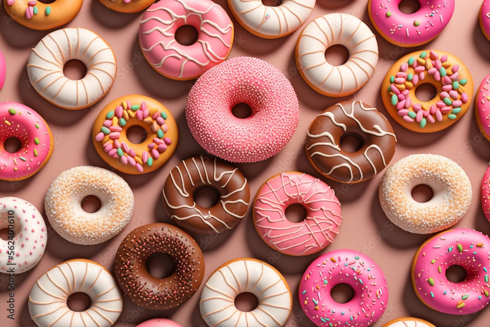 Colorful donuts background. Vibrant color glazed doughnuts with sprinkles decoration top view, AI generative