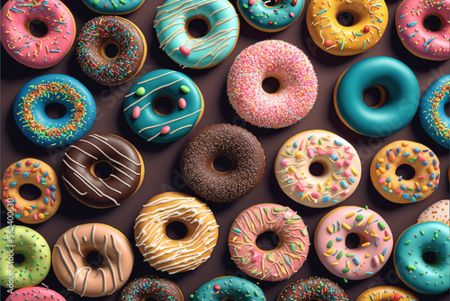 Colorful donuts background. Vibrant color glazed doughnuts with sprinkles decoration top view, AI generative