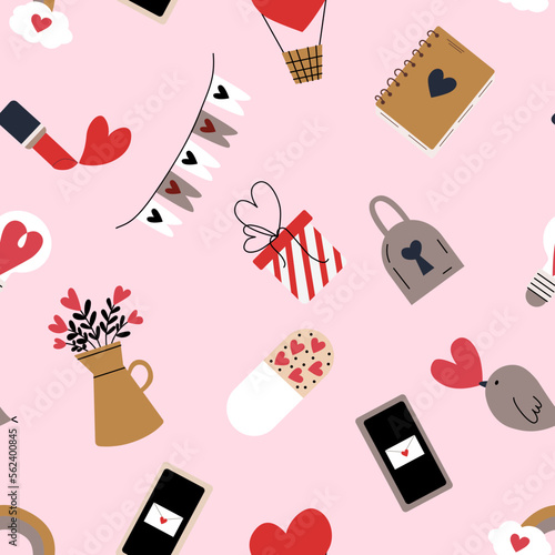 Valentine's day concept seamless pattern made with hand drawn doodles. Decorated with hearts.