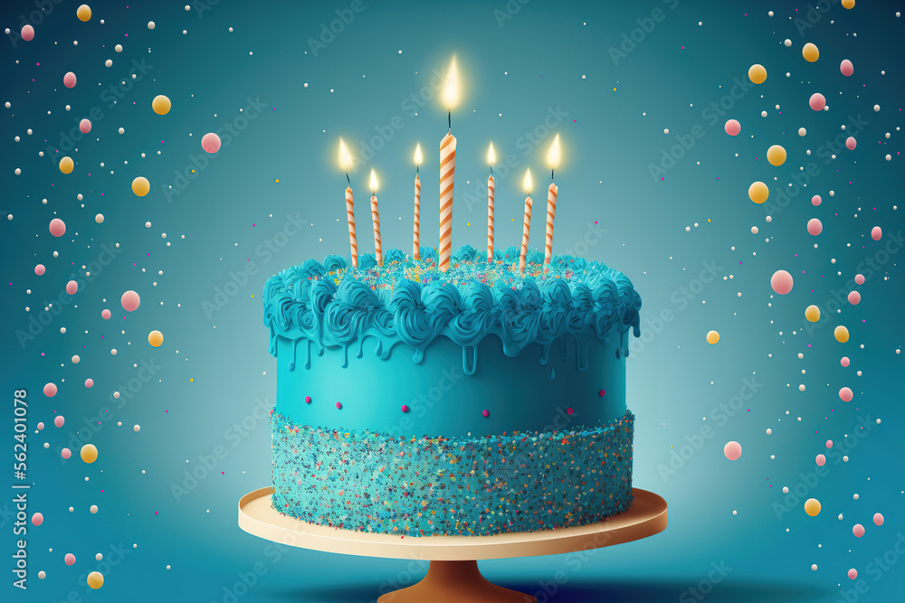 a blue background with confetti and a birthday cake with candles ...