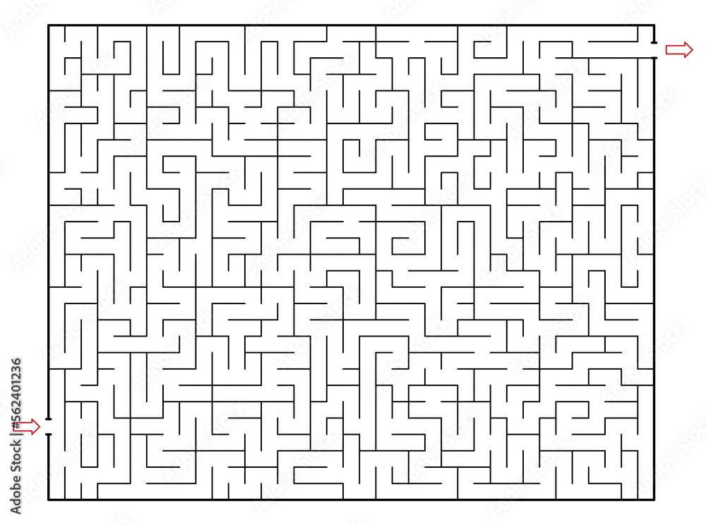 Not so easy Rectangle labyrinth with one entry and One exit (only one solution). Line maze game. Hard -Medium complexity. Kids maze puzzle, vector illustration