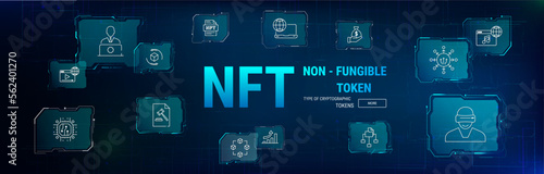 NFT banner with icons. NFT non fungible tokens banner web icon for business technology, cryptocurrency, blockchain, unique digital items, crypto art and digital asset, futuristic vector infographic.