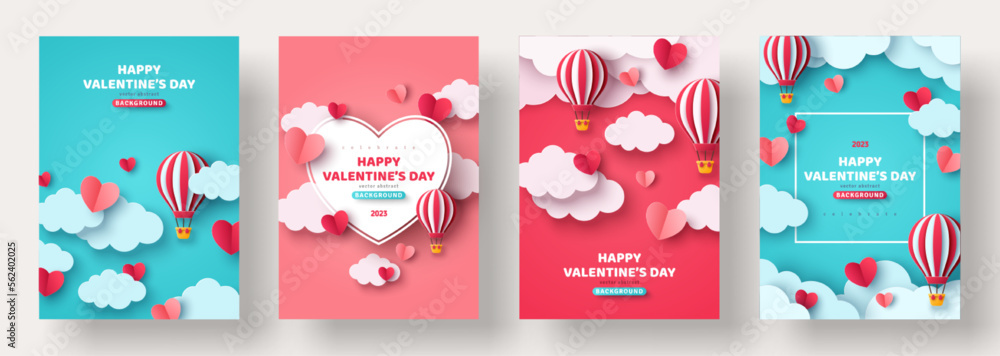 Valentin day concept posters set. Vector illustration. Paper hearts, clouds, flying hot air balloon, blue romantic background. Cute love sale banner, voucher template, greeting card. Place for text. - obrazy, fototapety, plakaty 