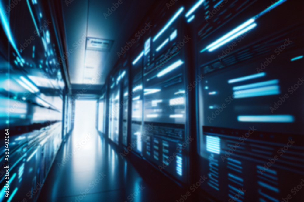Blurred background of a futuristic interior of a computer server room, data centre hall. Generative AI illustration.