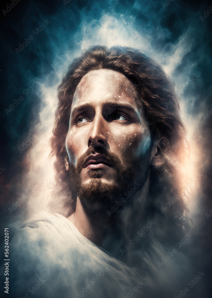 Jesus Christ in Heaven surrounded by clouds and light portrait. Ascension of Christ. Son of God our Lord saviour. AI Generative