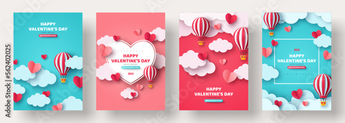 Valentin day concept posters set. Vector illustration. Paper hearts, clouds, flying hot air balloon, blue romantic background. Cute love sale banner, voucher template, greeting card. Place for text. © kotoffei
