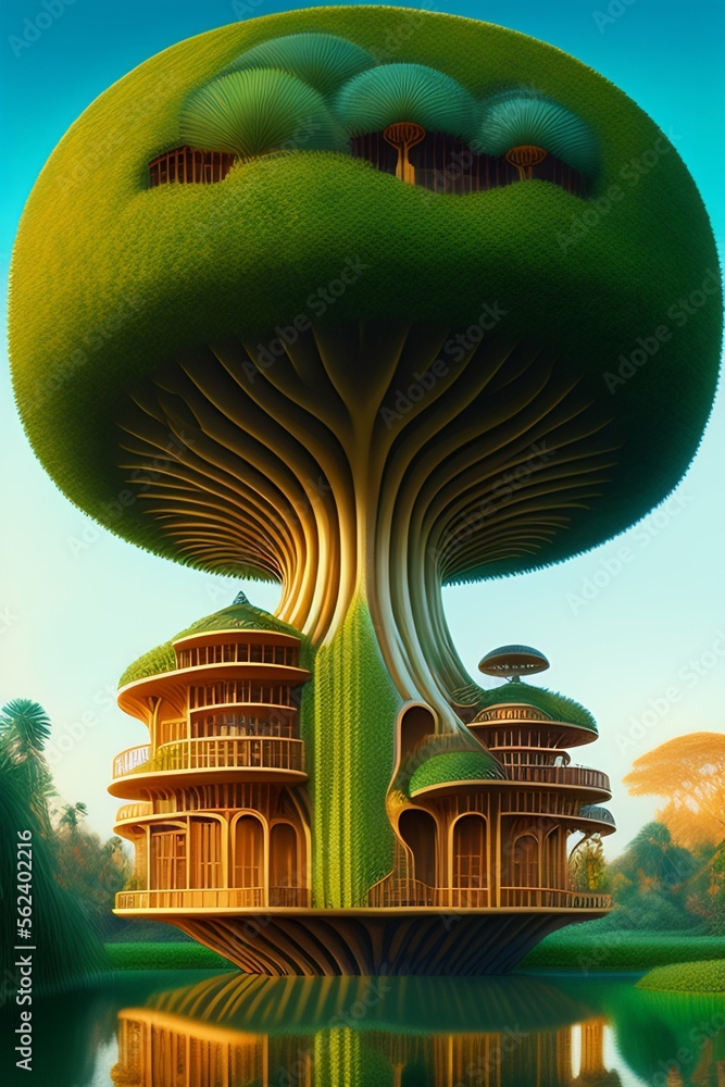 Illustration of a biomorphic architectural symbiosis of palm tree and ...