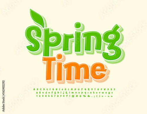 Vector funny Emblem Spring Time. Playful Green Font. Creative handwritten Alphabet Letters and Numbers