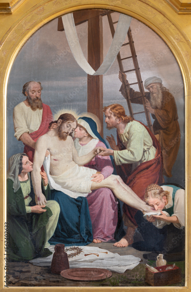 VARALLO, ITALY - JULY 17, 2022: The painting Deposition of the Cross (Pieta)  in the church Collegiata di San Gaudenzio by Enrico Reffo from end of 19. cent.