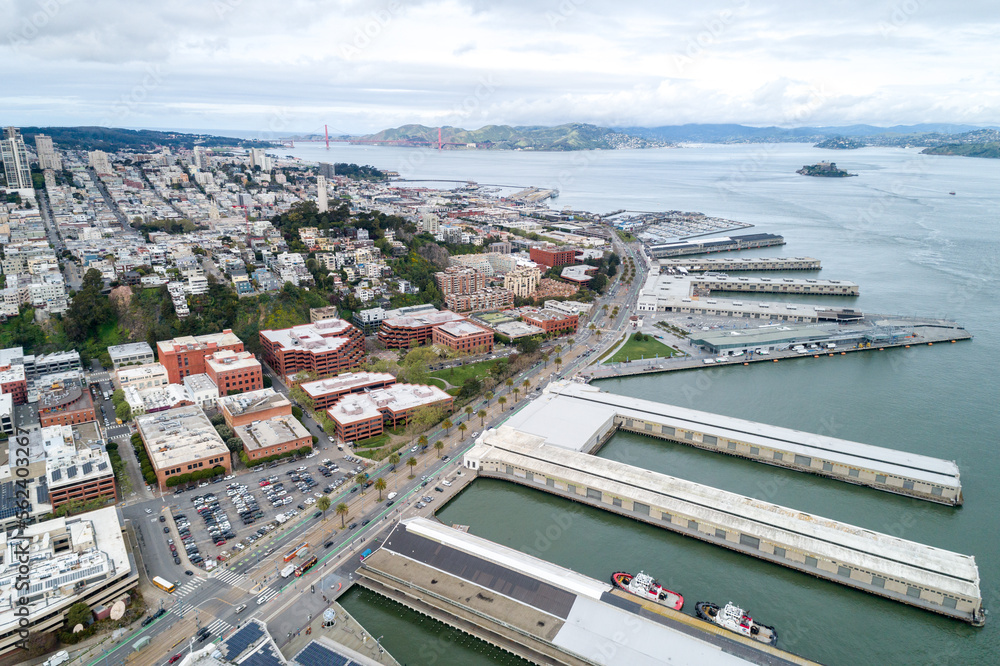 Embarcadero in San Francisco. Pier and Eastern Waterfront and Roadway of the Port of San Francisco, San Francisco, California. USA. Drone
