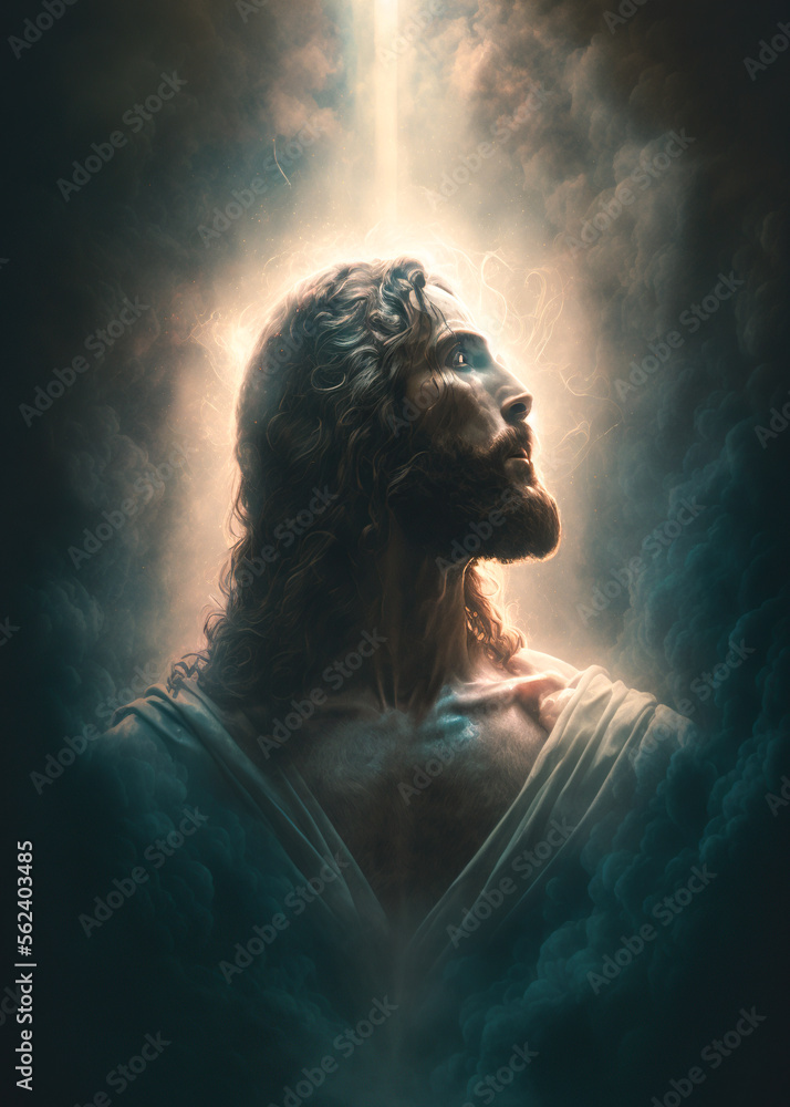 Jesus Christ in Heaven surrounded by clouds and light portrait. Ascension of Christ. Son of God our Lord saviour. AI Generative