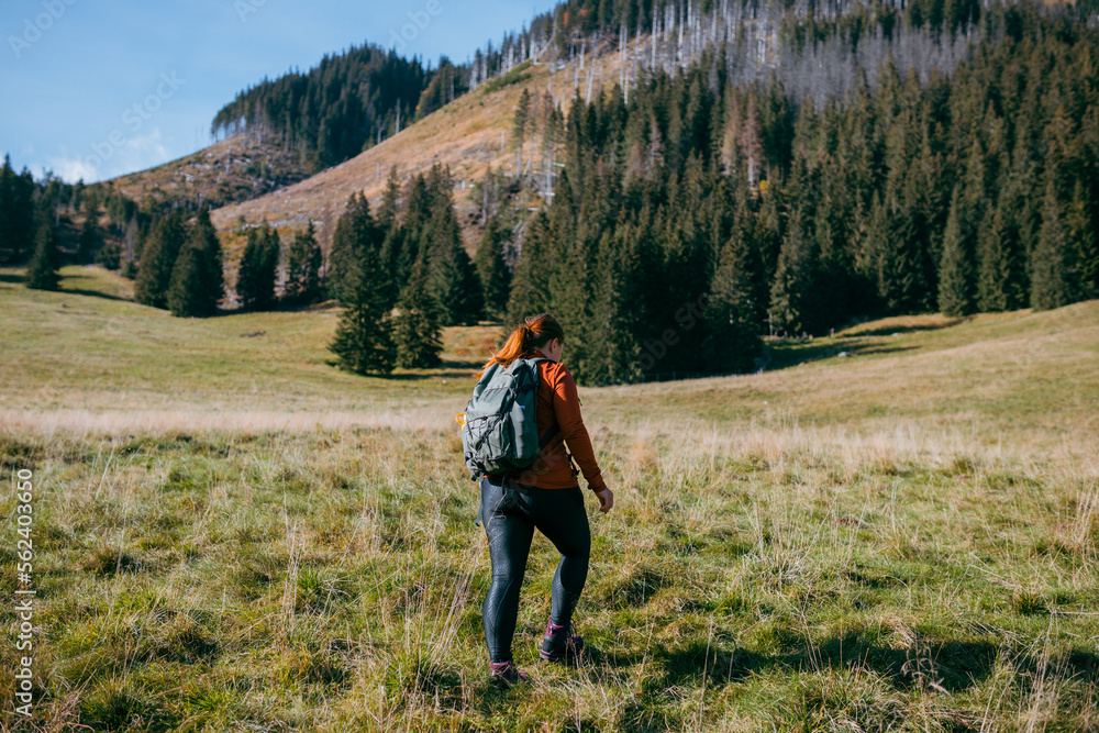 Back view of stylish woman wearing green backpack and red hat looking at mountain view while relaxing in nature. Travel and wanderlust concept. Amazing chill moment Back view of stylish woman wearing green backpack and red hat looking at mountain view while relaxing in nature. Travel and wanderlust concept. Amazing chill moment