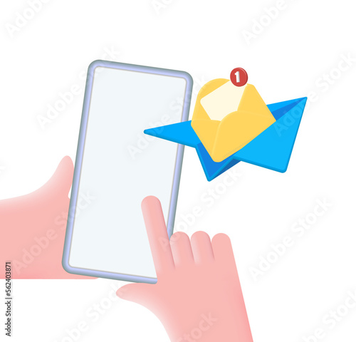 Smartphone. Sending a message using the app.
A new email. 3D vector illustration.