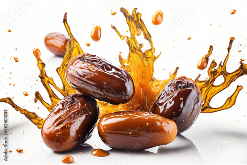 Closeup of fresh dates dropping on a white background, delicious and sweet fruits. Generative AI photo