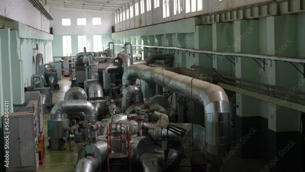 Thermal power station, view of pipes and turbines, energy conversion system, environmental issues, power generation system, engineering structure, chp. Thermal power station, view of pipes and turbines, energy conversion system, environmental issues, power generation system, engineering structure, chp.
