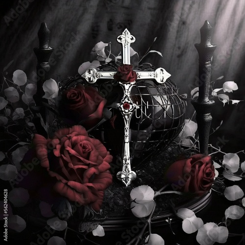 Gothic illustration of a cross with roses. High quality illustration