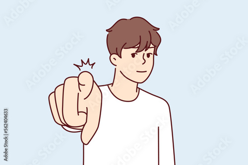 Confident man pointing finger at camera to press button on invisible screen. European guy points to display with hand calling to attend event or participate in promotion. Flat vector illustration