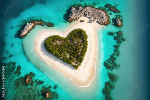 Tropical heart shape desert island with white sand beach and turquoise water. Generative AI. photo