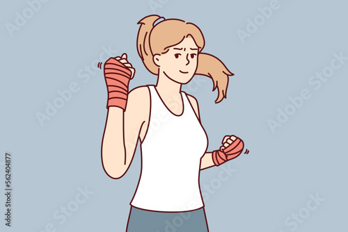 Strong woman with boxing bandages on hands looks at camera inviting to fight or play sports. Beautiful athletic girl is engaged in fitness or learning self-defense techniques. Flat vector image