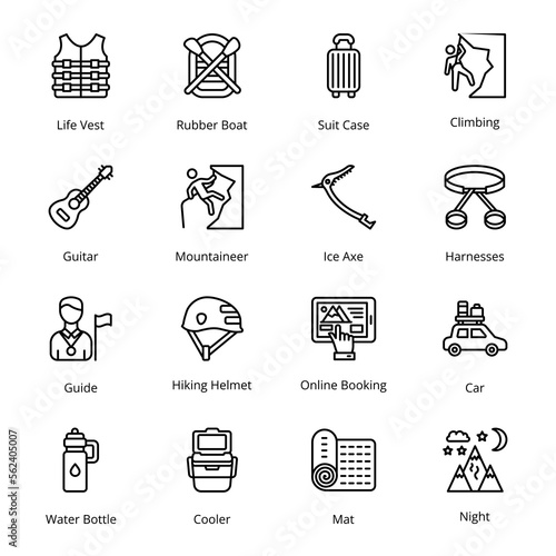 Online Booking, Car, Life Vest, Rubber Boat, Suit Case, Climbing, Guide, Hiking Helmet, Water Bottle, Cooler, Mat, Night, Guitar, Mountaineer, Ice Axe, Harnesses,  Outline Icons - Stroked, Vectors
