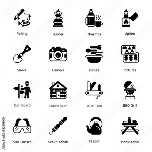 Fishing, Burner, Thermos, Lighter, Sign Board, Forest Hut, Multi Tool, BBQ Grill, Teapot, Picnic Table, Shovel, Camera, Dishes, Pictures, Sun Glasses, Seekh Kebab, Glyph Icons - Solid, Vectors