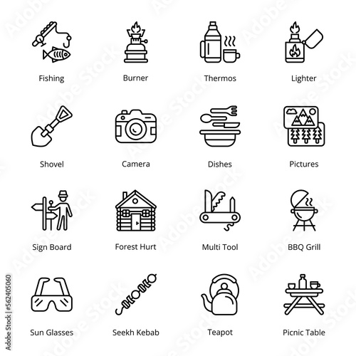 Fishing, Burner, Thermos, Lighter, Sign Board, Forest Hut, Multi Tool, BBQ Grill, Teapot, Picnic Table, Shovel, Camera, Dishes, Pictures, Sun Glasses, Seekh Kebab, Outline Icons - Stroked, Vectors