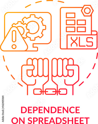 Dependence on spreadsheet red gradient concept icon. Challenge faced by corporate treasurers abstract idea thin line illustration. Isolated outline drawing. Myriad Pro-Bold font used