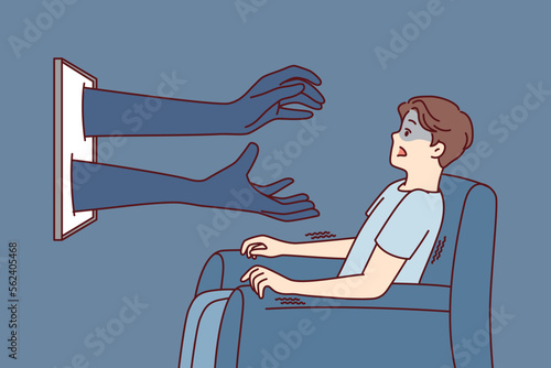 Man sitting in chair in front TV gets scared when sees hands reaching out from display. Shocked guy after learning unexpected information from documentary program opens mouth. Flat vector design 