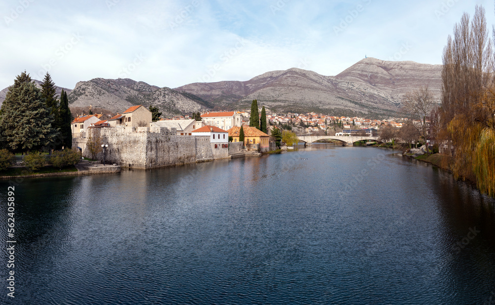 Trebinje old town and stone bridge over Trebisnjica river wide panorama view