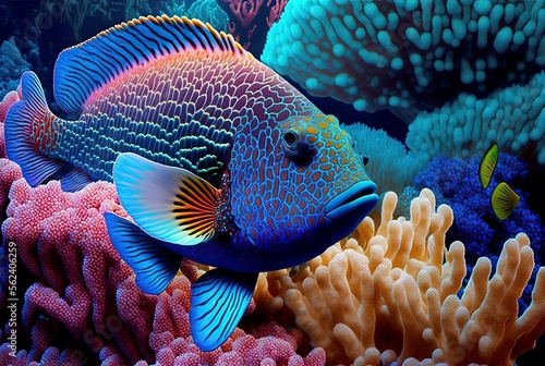 Valokuvatapetti illustration, fish and corals, AI generated image