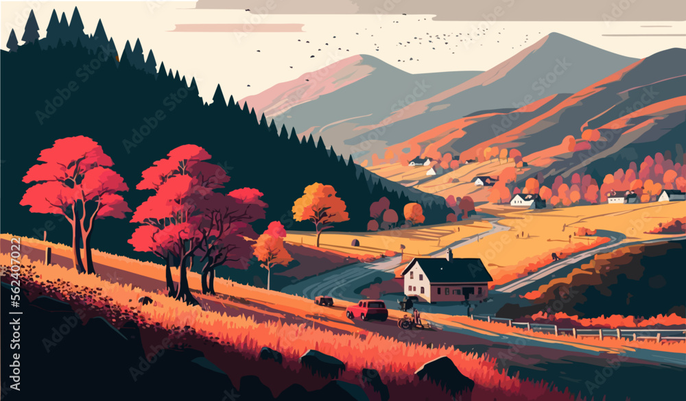 Vector illustration of a rural autumn landscape or farm with houses, mountains, trees and grass. Freehand drawing of a sunny summer day in the village. - obrazy, fototapety, plakaty 