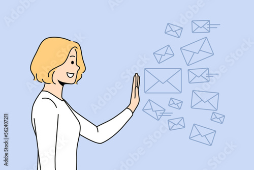 Smiling young woman stop numerous letters overwhelmed with excessive notifications. Happy girl reject spam emails. Vector illustration. 